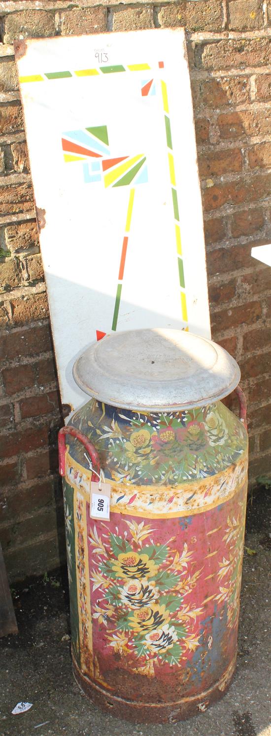 Folk Art painted milk churn & French enamel sign(-)